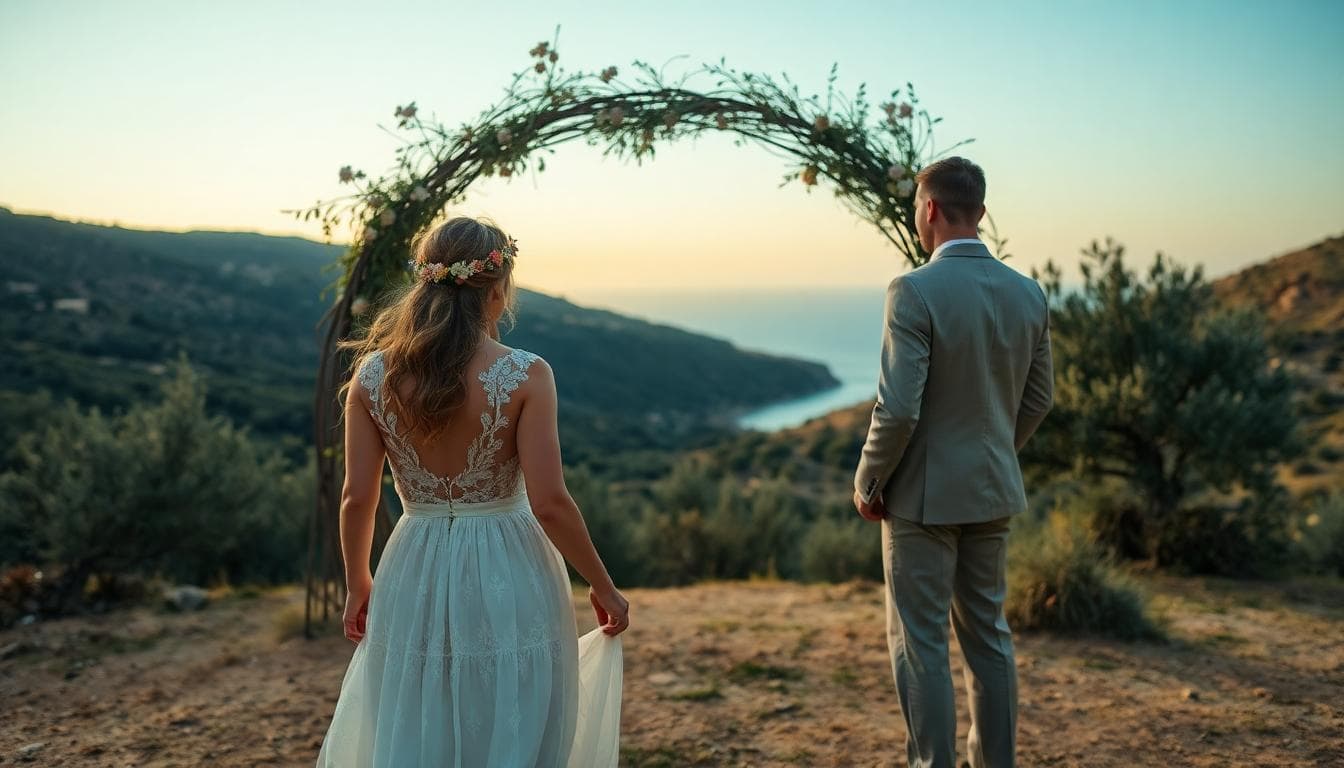 Scène de mariage bohème intime en Corse au coucher du soleil