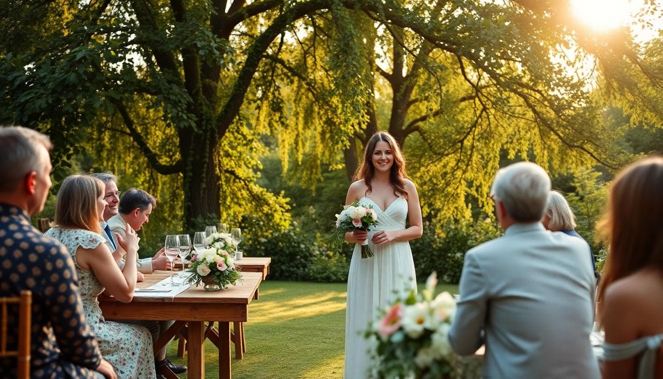 Petite cérémonie bohème dans un jardin fleuri, tables en bois et déco florale simple, mariée en robe courte, ambiance intime et lumineuse