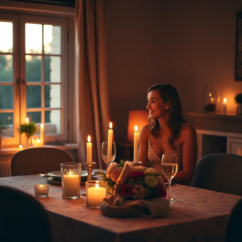 Demande en mariage intime à la maison, dîner cosy à la lumière des bougies, style bohème chaleureux