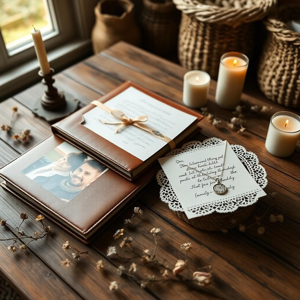 Composition de cadeaux symboliques: album, montre gravée, lettre manuscrite et collier ancien sur une table en bois
