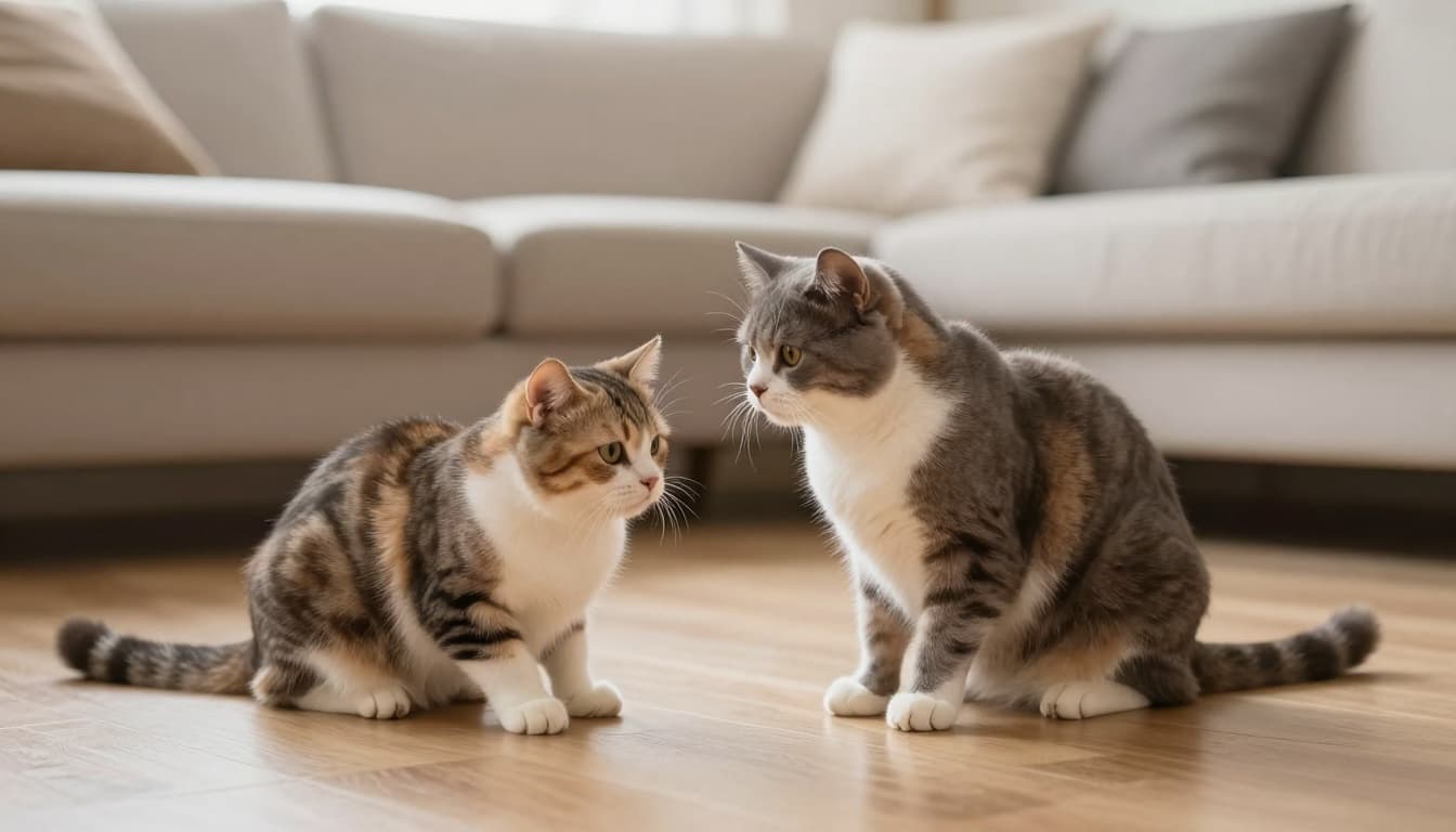 Gentle interaction between a female cat in heat and a male cat in a modern Scandinavian living room, with soft natural light, neutral tones, and blurred cozy background.