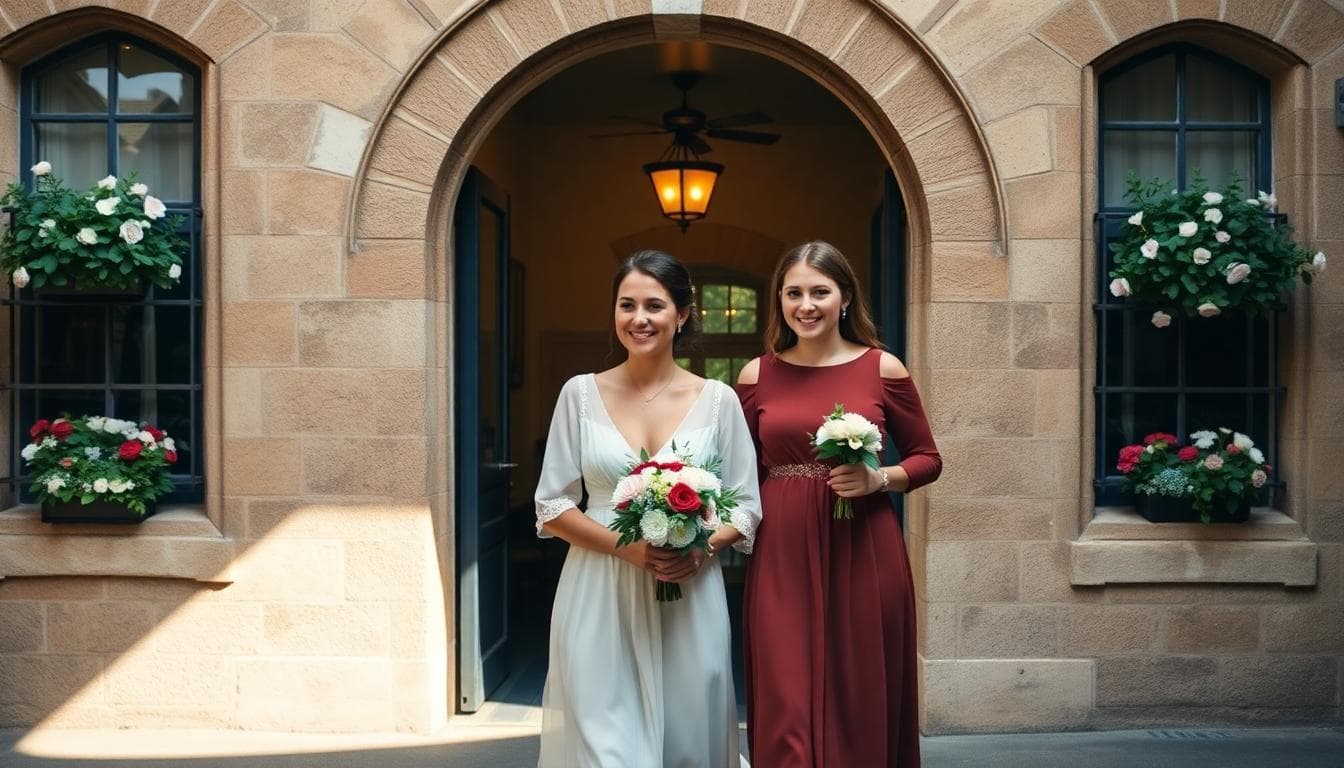 Petit comité à la mairie, mariée et deux demoiselles d'honneur en style bohème entrant dans un bâtiment historique. Image created with AI