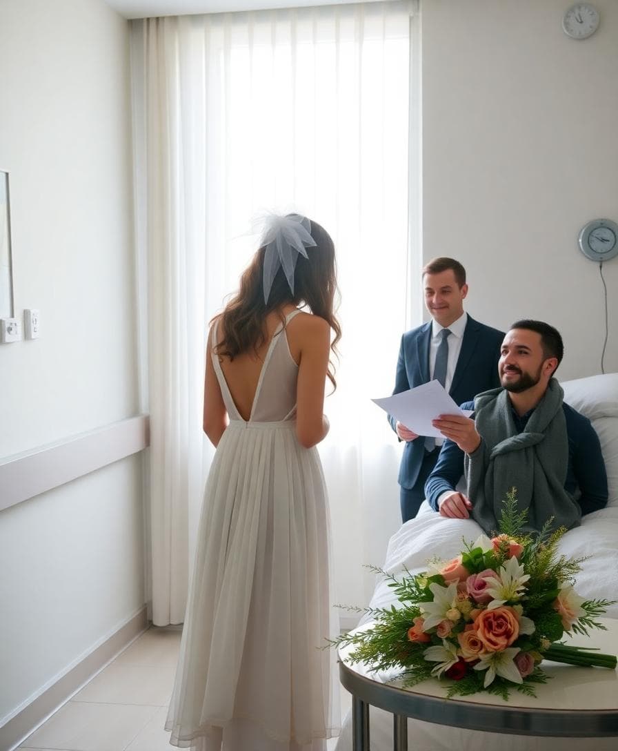 Cérémonie intime de mariage in extremis à l’hôpital, officier d’état civil lisant les articles, deux témoins présents, ambiance douce
