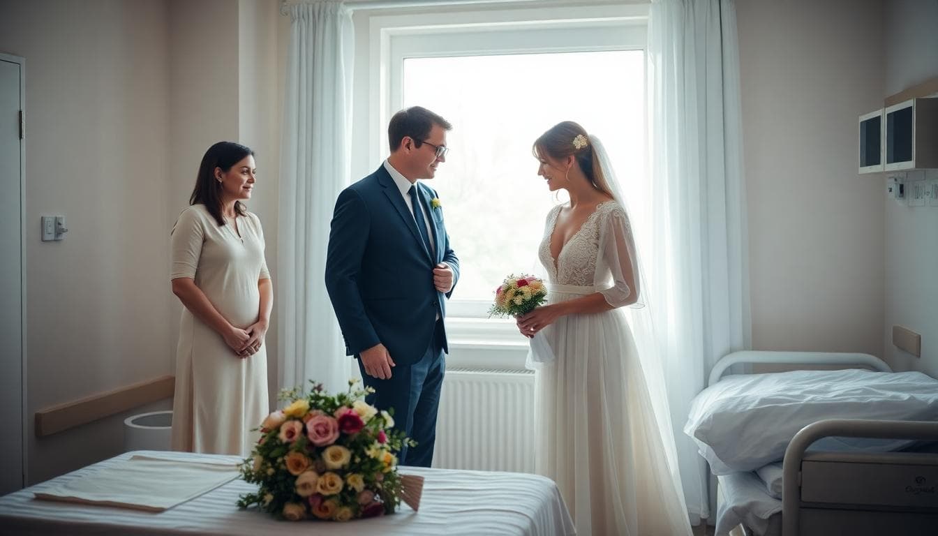 Cérémonie intime de mariage in extremis à l’hôpital, mariée bohème, ambiance douce et chaleureuse