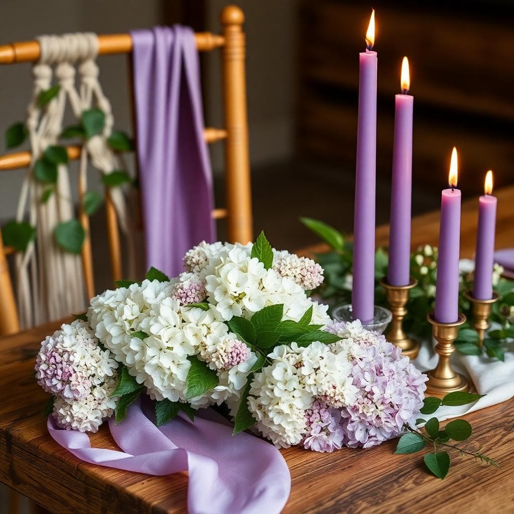 Détail déco mariant lilas blancs, rubans mauves et bougies violettes sur table bois