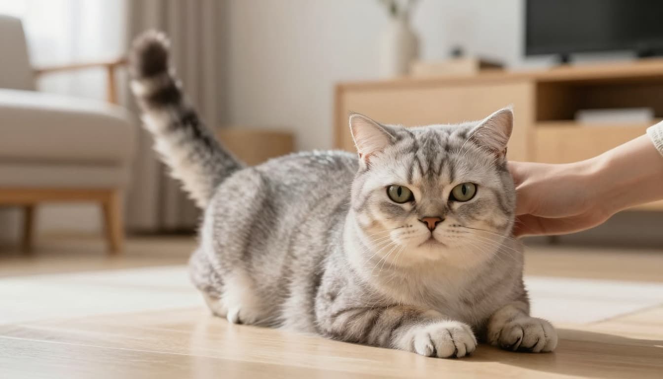 Close-up of a relaxed yet irritated domestic cat with flattened ears and whipping tail being gently petted in a bright, modern Scandinavian interior featuring light wood furniture and beige tones.