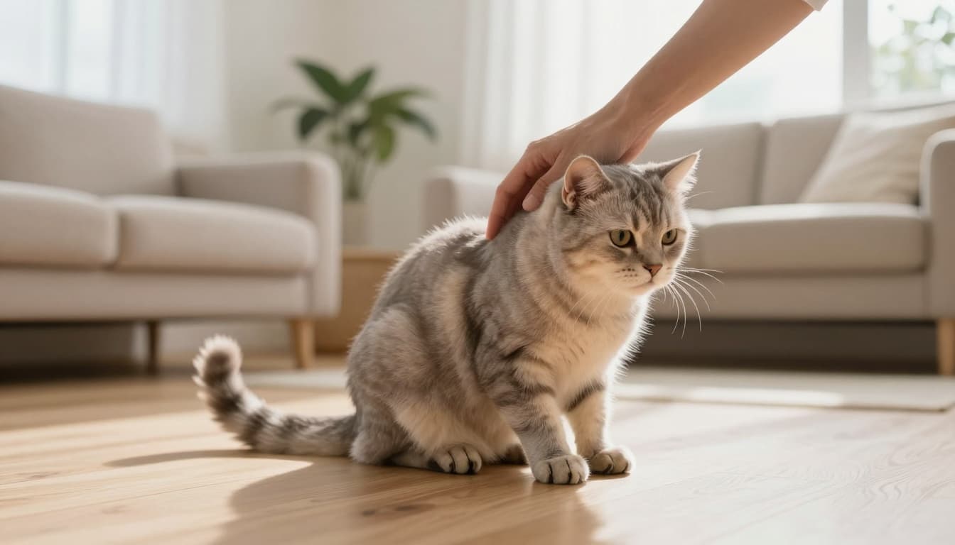 A beautiful domestic cat with soft fur sits on a light wooden floor in a bright Scandinavian living room, gently petted by a human hand while showing early irritation with flicking tail and ears back.