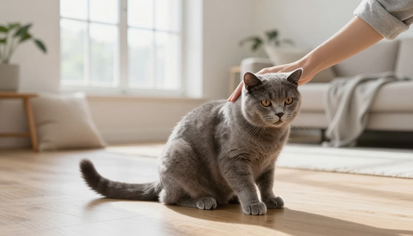 A beautiful domestic cat with soft grey fur sits on a light wooden floor in a bright Scandinavian living room, showing subtle irritation—tail flicking, ears flattened, pupils dilated—while a human hand gently pets its back.