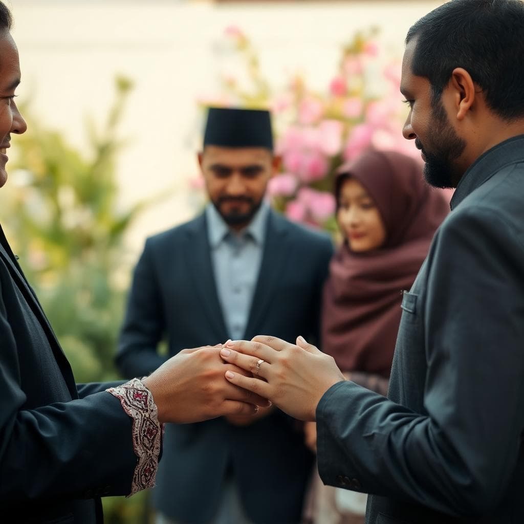 Une scène intime et pudique d'une demande en mariage islamique, avec un couple échangeant une bague de fiançailles simple et élégante en argent, entourés de famille dans un cadre bohème naturel avec des fleurs douces et une lumière chaleureuse