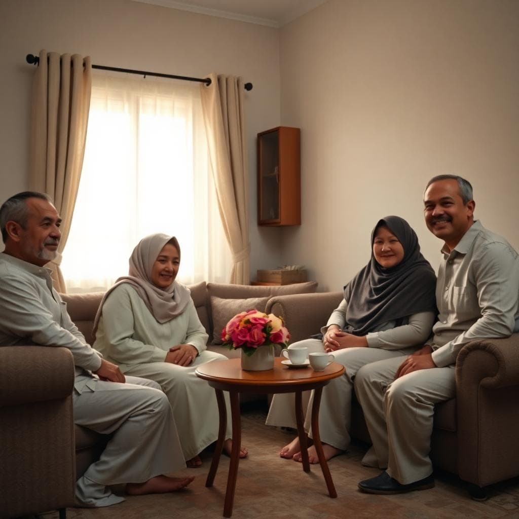 Scène chaleureuse et pudique d'une demande en mariage islamique en famille, ambiance simple et respectueuse