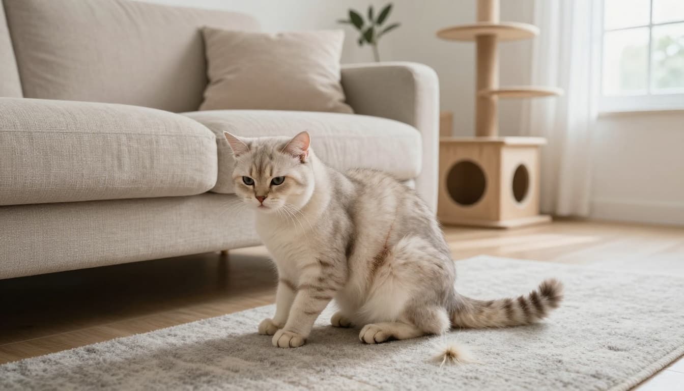 A light-furred domestic shorthair cat sits on a beige linen sofa in a bright Scandinavian living room, intensely scratching the base of its tail and lower back due to irritated skin and hair loss patches, with tufts of fur on the nearby rug.
