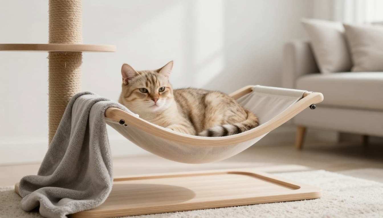 In a bright modern Scandinavian living room with minimalist decor, a weak jaundiced cat rests calmly on a premium wooden cat tree hammock beside a soft blanket, conveying compassionate end-of-life care at home.
