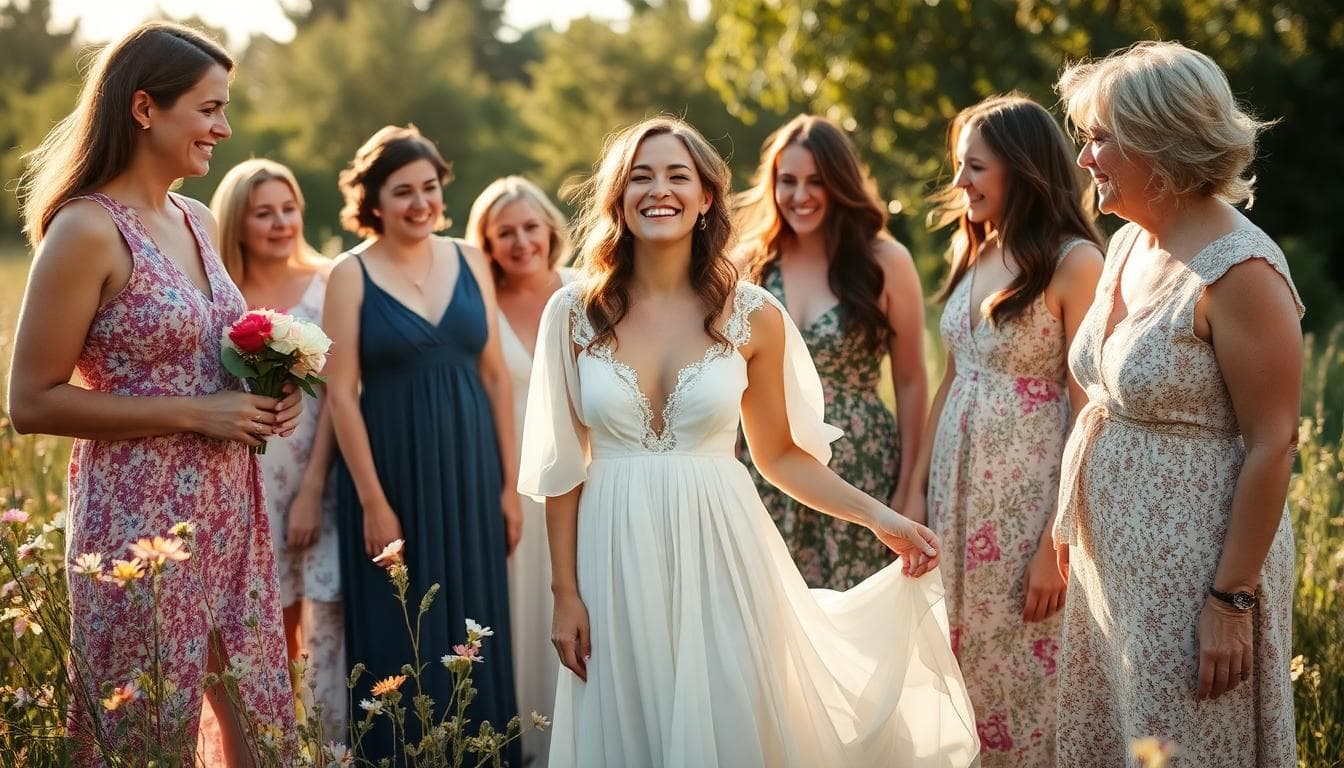 Mariée bohème entourée de ses témoins, rires complices dans un champ de fleurs au soleil couchant