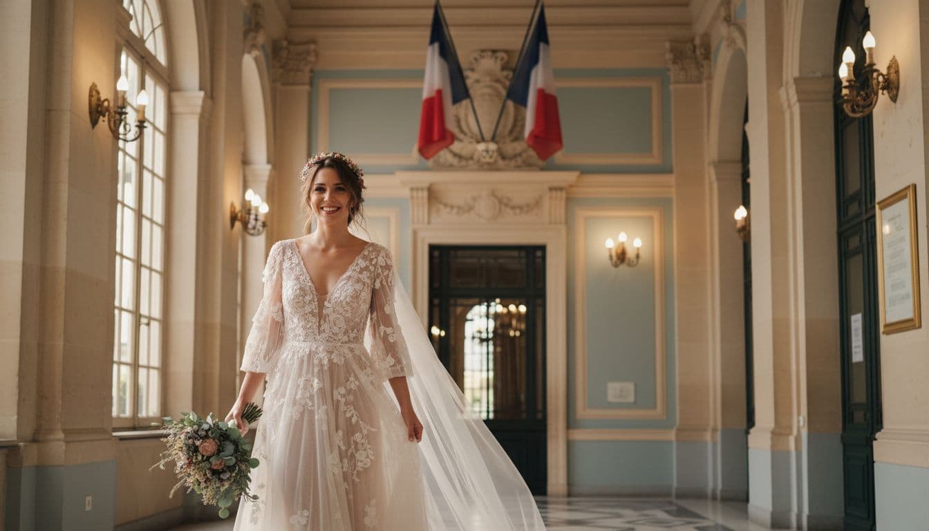 Mariée bohème entrant à la mairie, lumière douce et architecture française classique