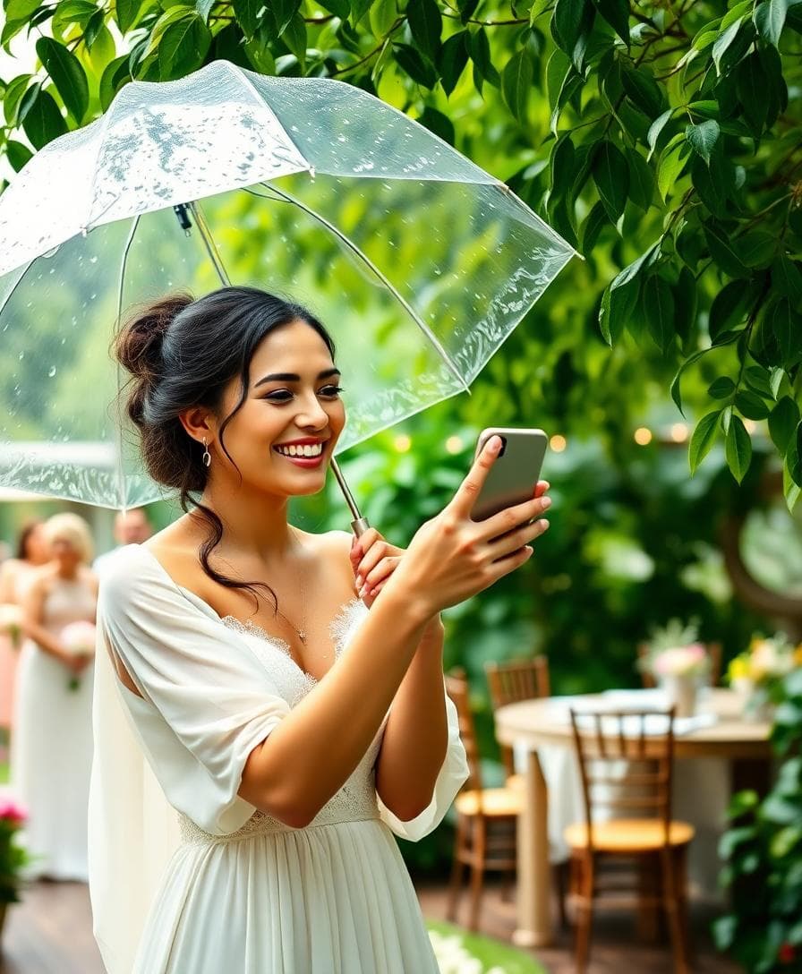 Mariée bohème souriante sous un parapluie transparent, selfie sous une pluie légère.