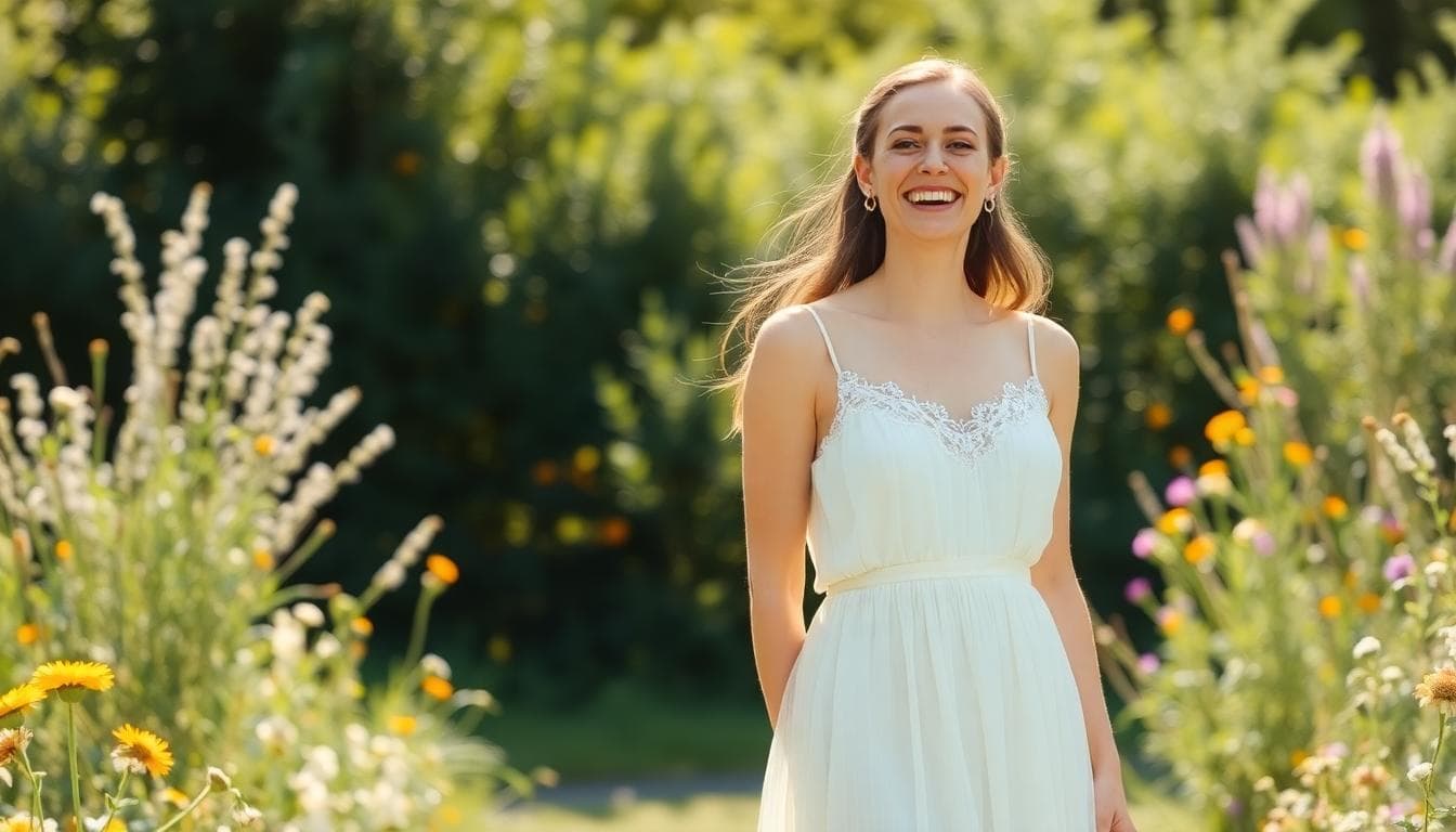 Mariée bohème dans un jardin ensoleillé, robe fluide et dentelle discrète