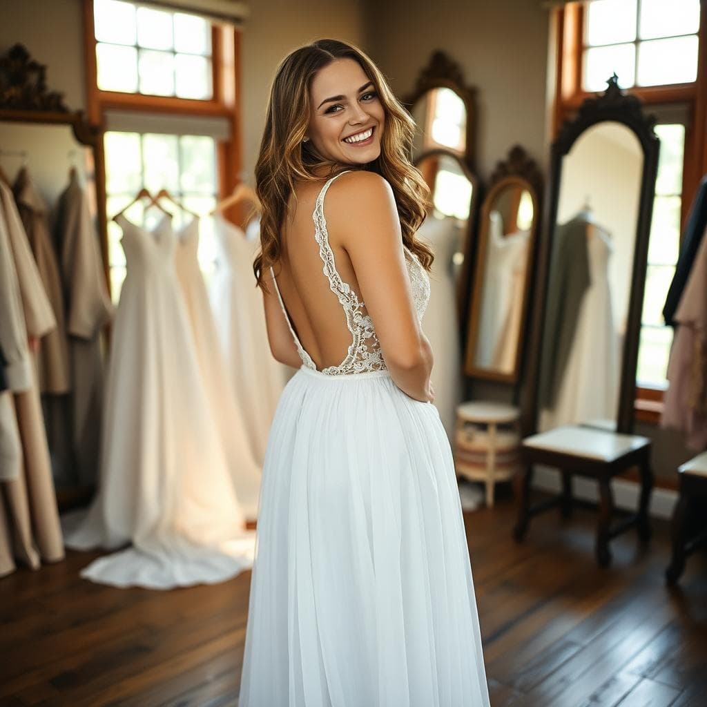 Mariée bohème en cabine d’essayage, robe fluide en dentelle avec dos romantique, lumière naturelle et miroirs vintage