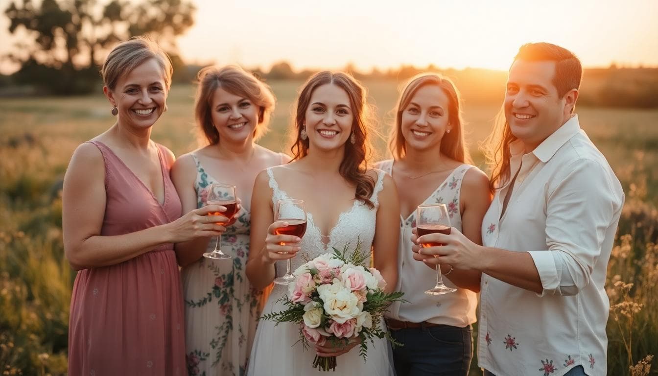 Mariée bohème entourée de sa mère, de son frère, d’une meilleure amie et d’un collègue proche, tous trinquant dans une clairière au coucher du soleil, ambiance douce et naturelle