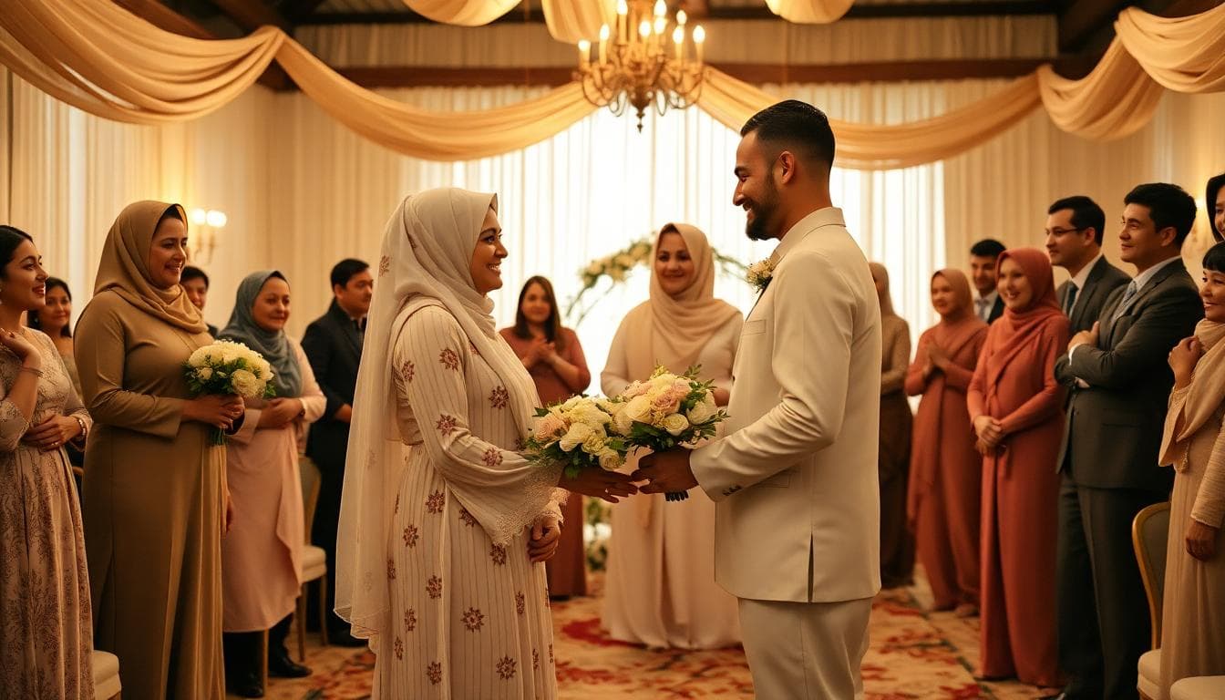 Jour du nikah en style bohème, couple musulman entouré de proches, émotions contenues et joie pure
