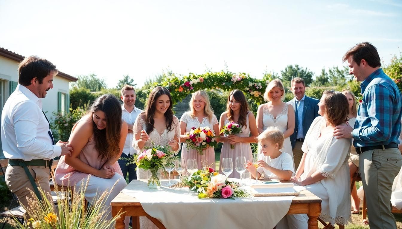 Invités de différents cercles de proximité lors d’un mariage bohème en extérieur, illustrant des montants adaptés selon la relation