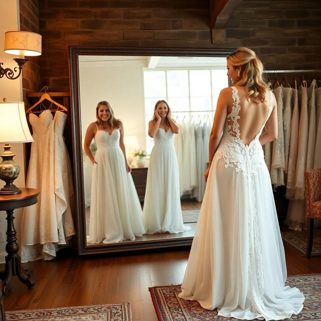 Essayage en boutique d’une robe bohème fluide avec dentelle et dos nu