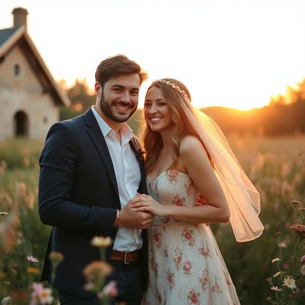 Couple qui s’enlace et rit juste après la demande, ambiance bohème au coucher du soleil, fleurs sauvages, tons chauds
