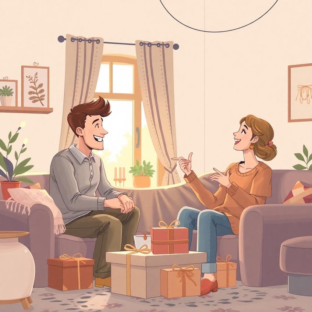 Couple souriant qui échange des idées de cadeaux dans un salon bohème, boîtes cadeaux et ambiance douce