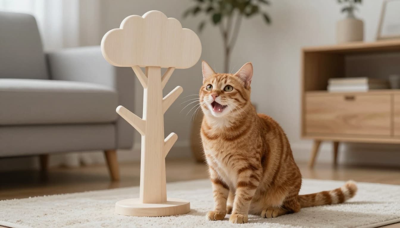 An expressive ginger cat with perked ears and tail in the air shows joy in a cozy Scandinavian living room, sitting on a beige rug near a minimalist light wood cat tree. Soft natural light filters through light curtains, enhancing the elegant and soothing atmosphere with pale gray furniture and warm neutral tones.