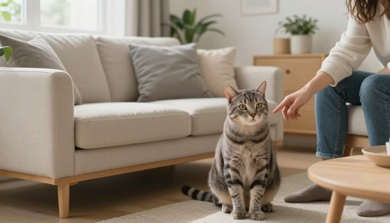 A domestic gray tabby cat meows joyfully towards a person on a beige sofa in a bright, minimalist Scandinavian living room with natural light and cozy decor.