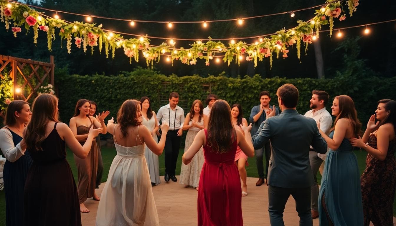 Danse Hora en cercle sous guirlandes lumineuses, ambiance bohème et festive, jardin au soir. Image created with AI