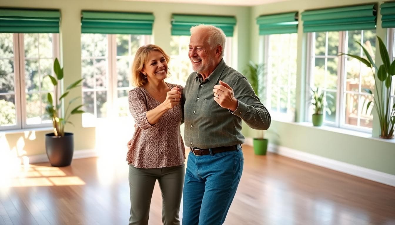 Couple mature en cours de danse, studio lumineux, détails verts, ambiance joyeuse