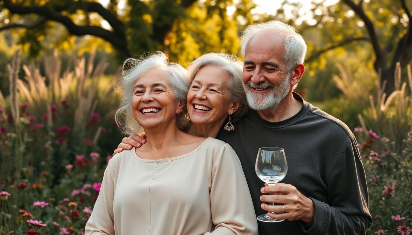 Couple senior enlacé dans un jardin bohème, lumière douce et symboles discrets du platine et de l’eau