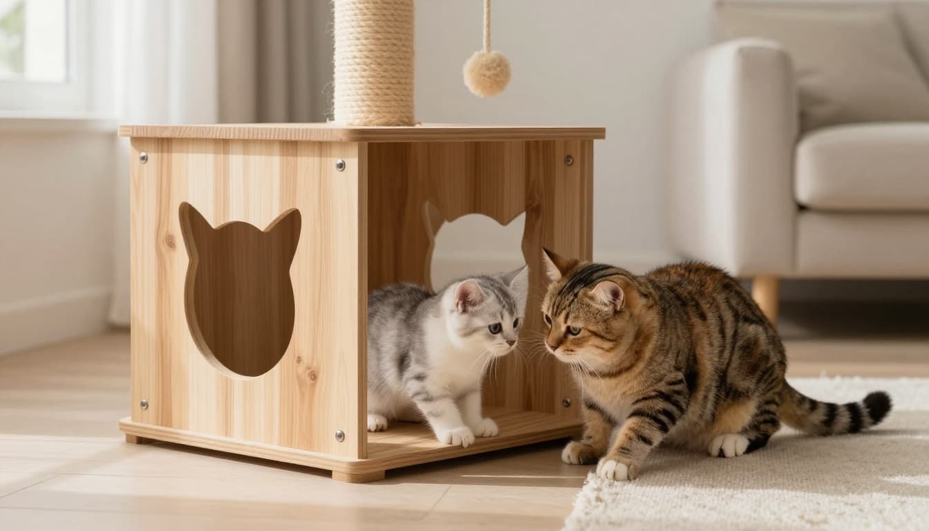 A relaxed cat family scene with a kitten and adult cat playing lightly on a durable premium wooden cat tree in a modern Scandinavian interior with bright natural light and minimalist decor.