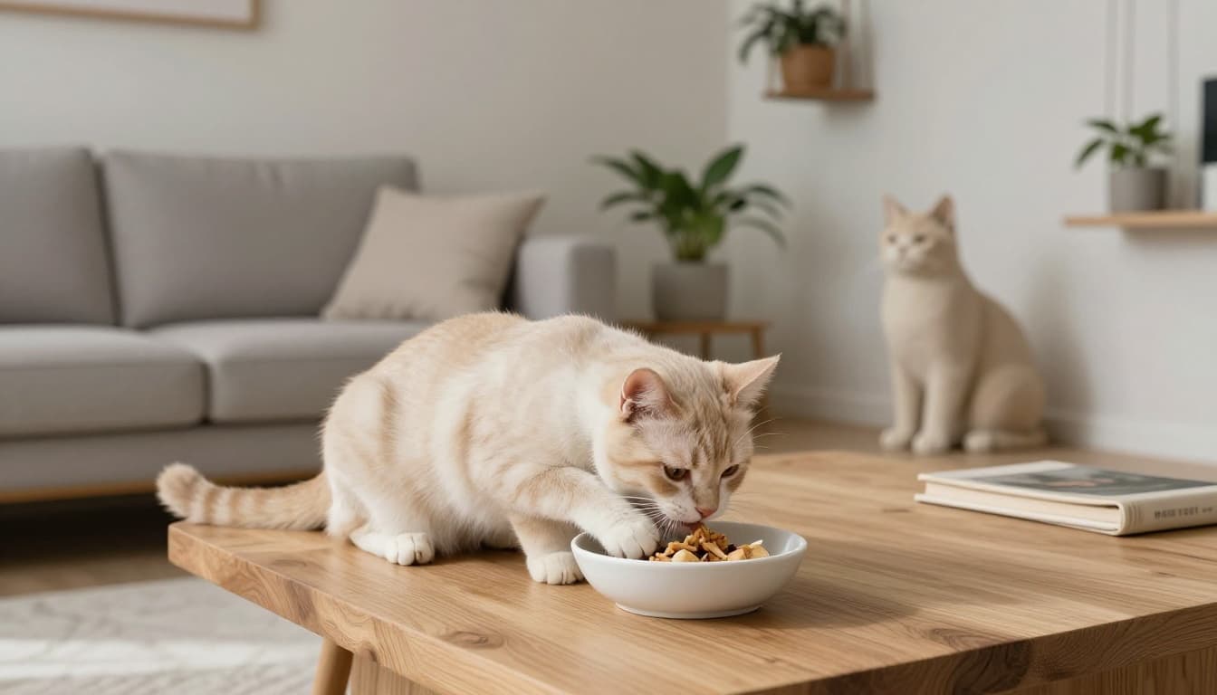 A 4-6 month old kitten calmly licks its food bowl on a light wood coffee table in a sunlit premium Scandinavian living room with minimalist cozy decor, soft gray rug, hanging plants, and discreet cat tree. Serene elegant ambiance in warm neutral tones of beige, light gray, and natural wood, realistic high-end photo with sharp focus on the kitten.