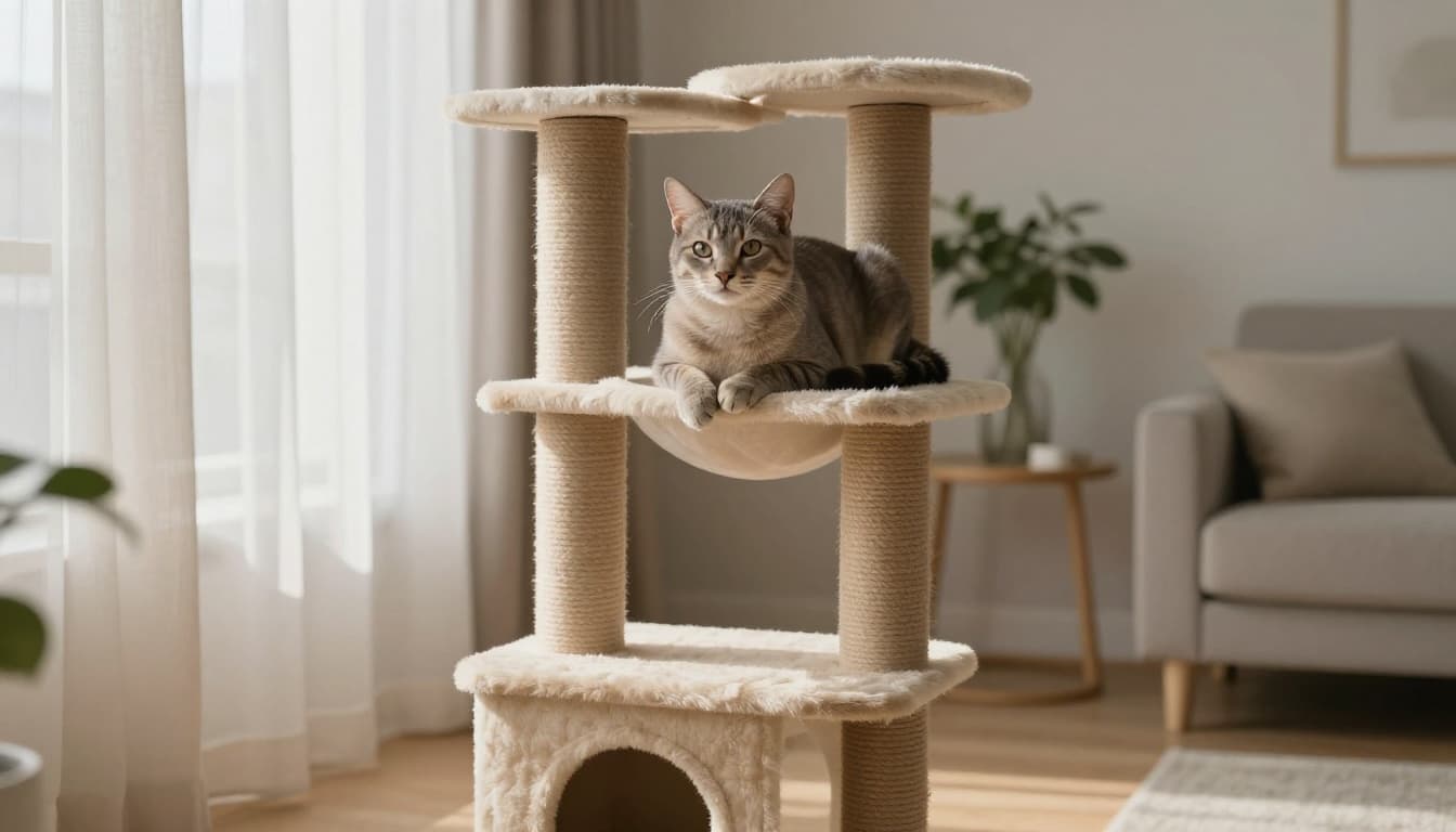 A young indoor cat relaxes contentedly on a premium multi-level cat tree in a cozy Scandinavian apartment bathed in soft morning light filtering through beige curtains.