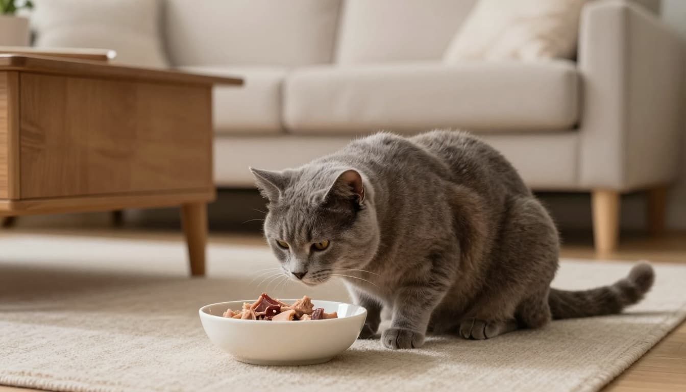 An adult cat with dull matte fur sits lethargically near an untouched food bowl in a bright, minimalist Scandinavian living room, showing subtle abdominal discomfort with a hunched posture.