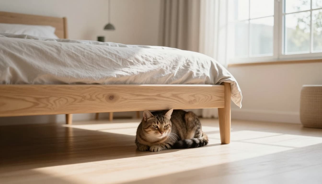 A domestic cat with a slightly lethargic expression calmly hiding under a wooden bed frame in a bright Scandinavian-style living room, curled up on a soft blanket amid minimalist decor.