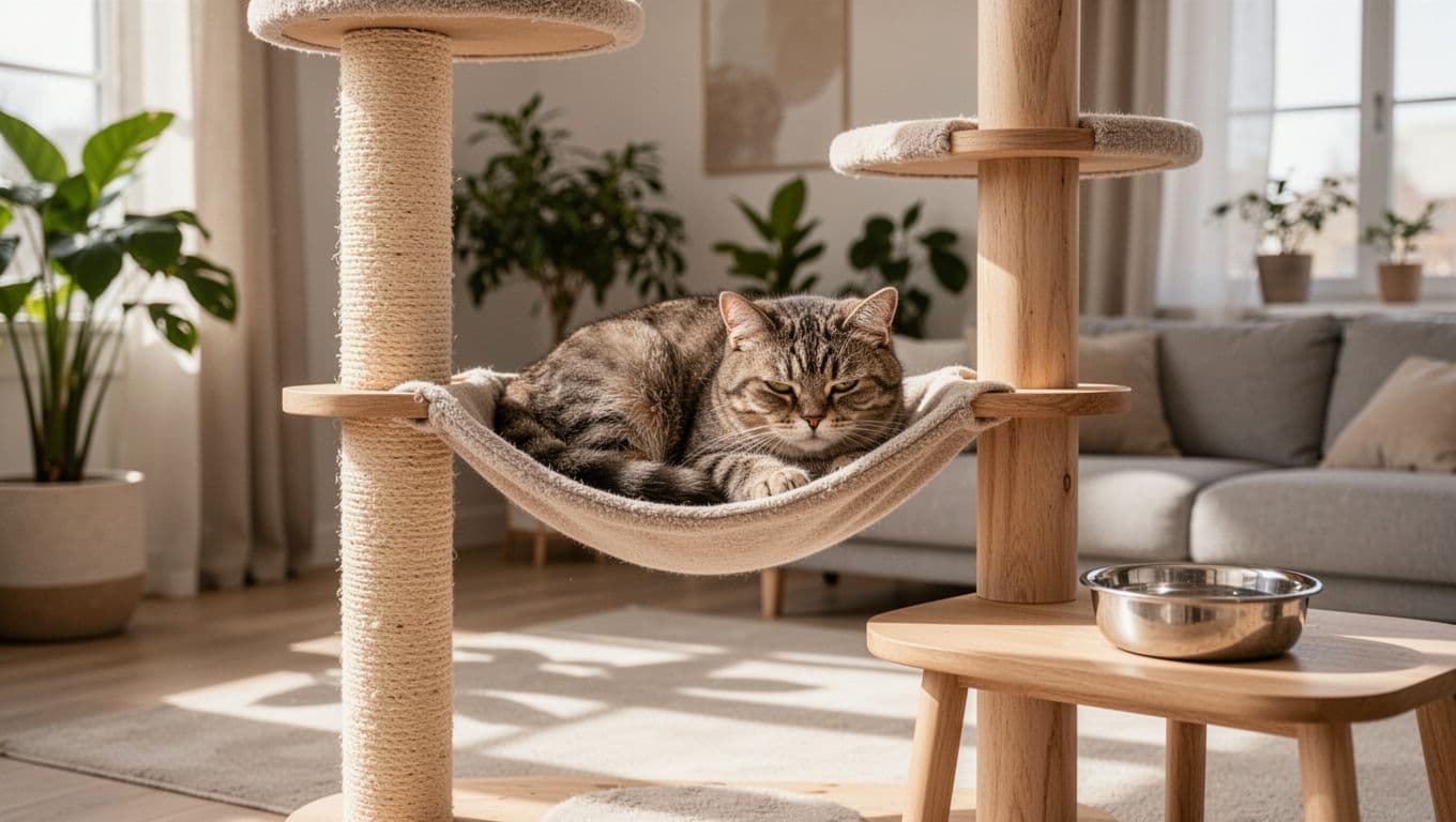 A single adult cat rests lethargically with sunken eyes on a premium wooden cat tree hammock in a bright, minimalist Scandinavian living room featuring neutral tones, natural light, plants, and an untouched water bowl nearby.