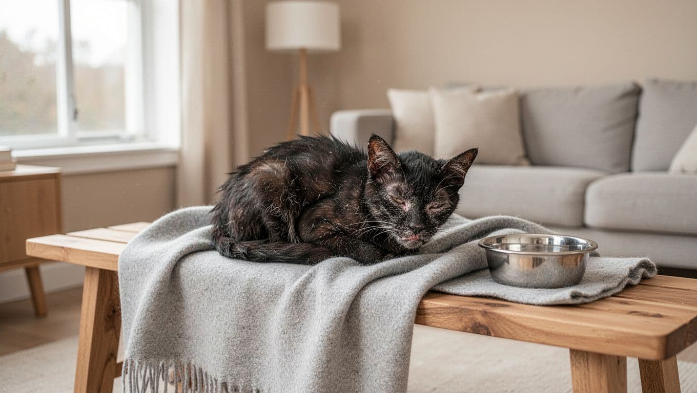 A single thin elderly black cat with dull fur and pale gums looks lethargic and weak, resting on a soft light grey blanket over a wooden bench in a cozy bright minimalist Scandinavian living room.