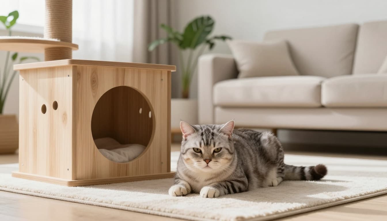 A lethargic female cat lies on a soft rug near a premium light wood cat tree in a bright, cozy Scandinavian living room, displaying subtle signs of discomfort like heavy breathing.