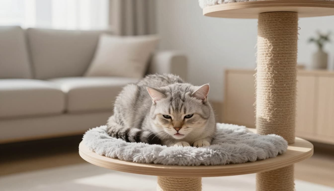 An elegant domestic cat appears lethargic and feverish, curled up tightly on a premium wooden cat tree in a bright Scandinavian living room with minimalist beige and light wood decor.