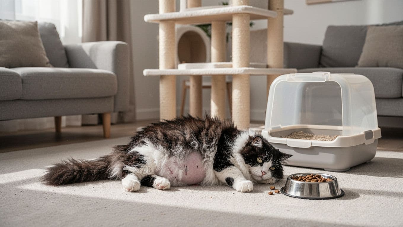 A single fluffy black and white cat lies lethargic on the floor near a clean litter box and ignored food bowl in a light-filled modern Scandinavian living room, showing subtle abdominal bloating.