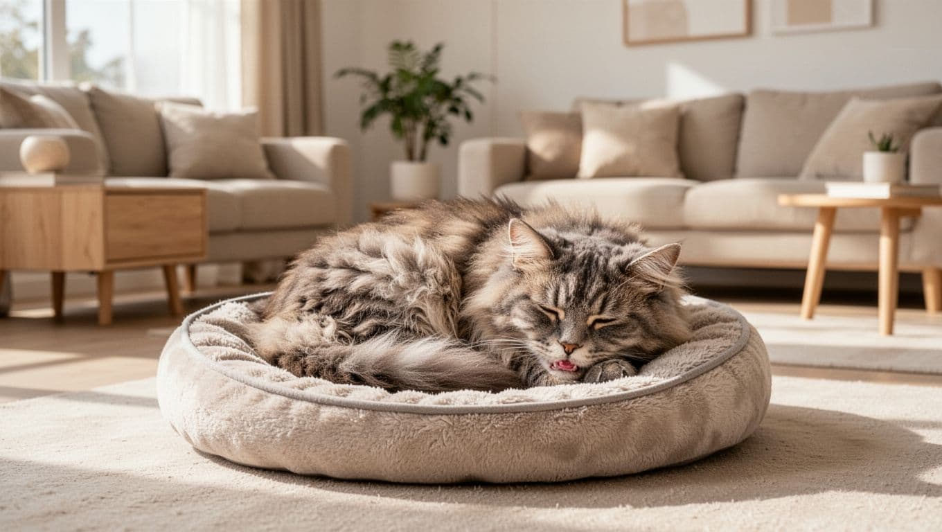A fluffy domestic shorthair cat looks lethargic and curled up sleepily on a soft pet bed in a bright modern Scandinavian living room with minimalist decor.