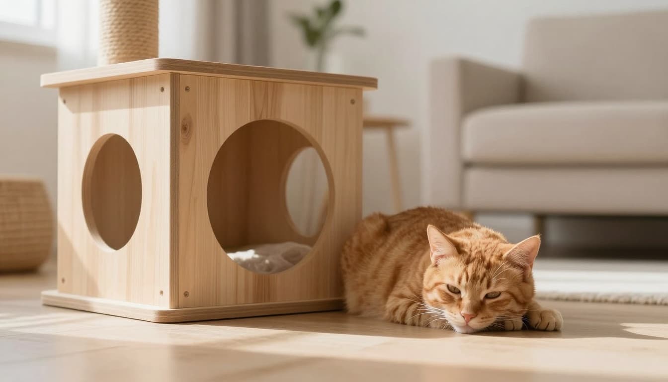 A ginger tabby cat looks lethargic and unwell on the floor near a light wooden cat tree in a bright Scandinavian living room with minimalist decor.