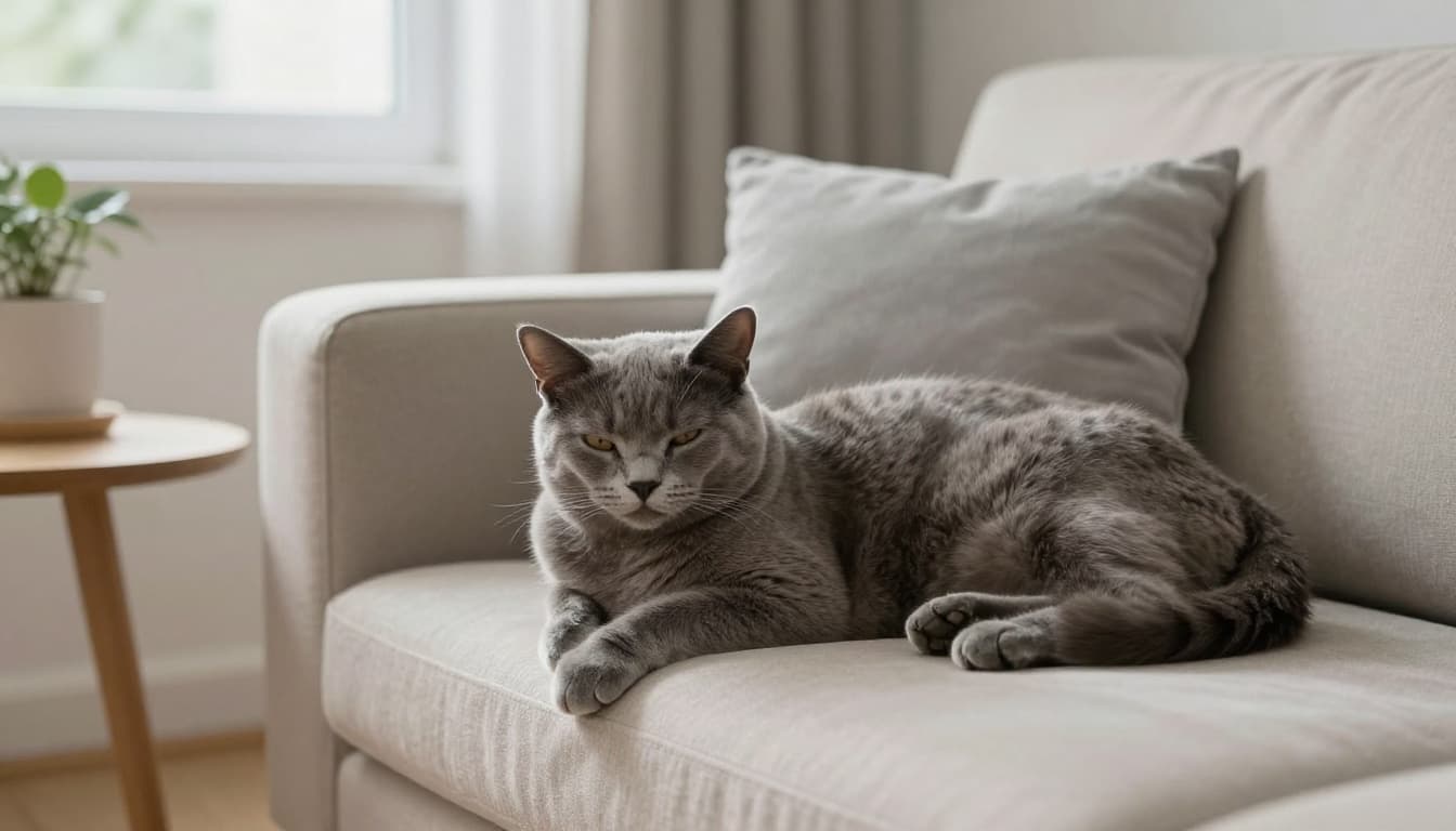 A thin, tired gray cat with dull fur lies lethargically on a light beige sofa in a cozy Scandinavian living room with bright natural light and minimalist decor.