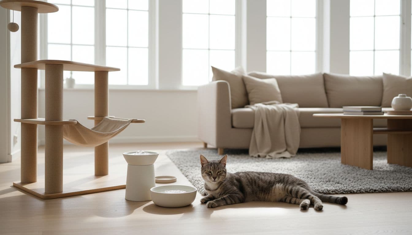 In a bright Scandinavian living room with minimalist decor, a slender adult gray cat sits indifferently and lethargically near an untouched water fountain, full water bowl, and stylish wooden cat tree.