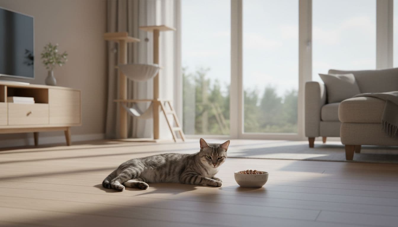 A slender adult gray tabby cat lies lethargically on the floor near a full bowl of wet cat food in a minimalist Scandinavian living room, looking unwell with subtle weakness in posture and ignoring the food.