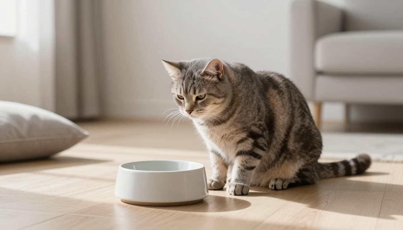 An elegant gray tabby cat appears lethargic, sitting beside a full ceramic water bowl in a bright minimalist Scandinavian living room with natural sunlight.