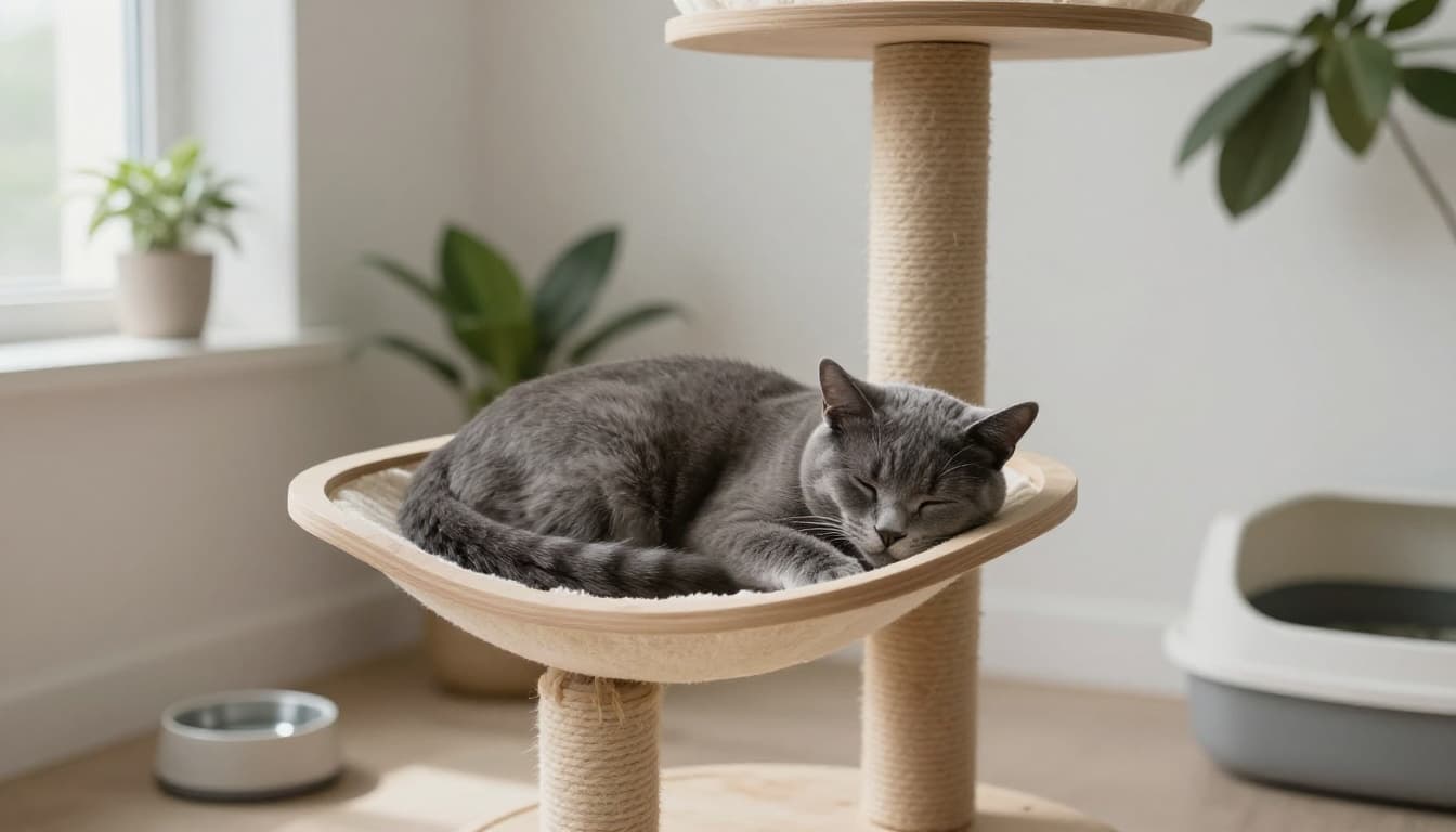 A single adult cat with smooth grey fur lies lethargically sleeping on a premium wooden cat tree hammock in a bright minimalist Scandinavian living room with neutral tones, natural light, plants, untouched water bowl, and less wet litter box.
