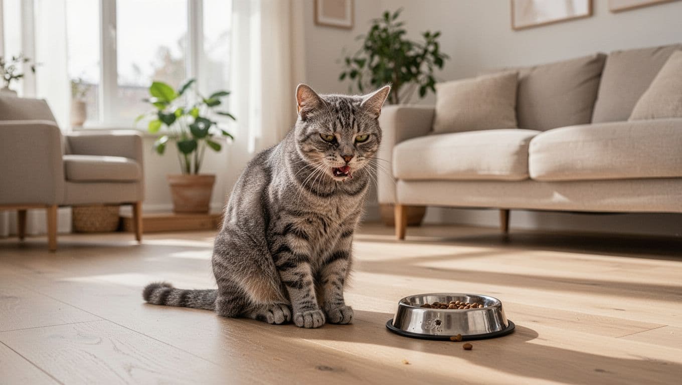 A single adult grey tabby cat with sunken eyes and lethargic posture sits beside an empty food bowl on a light wood floor in a bright, minimalist Scandinavian living room.